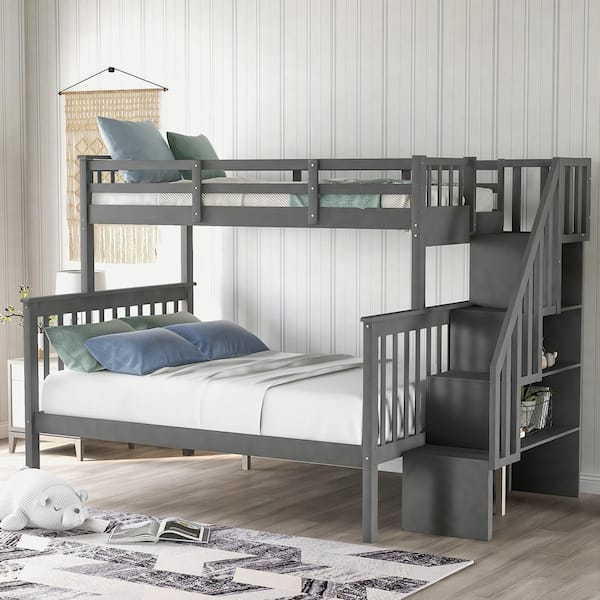 Low Wood Gray Bunk Bed Frame with Staircase, Twin Over Full Bunk Bed with Storage, Convertible Kid Bunk Bed