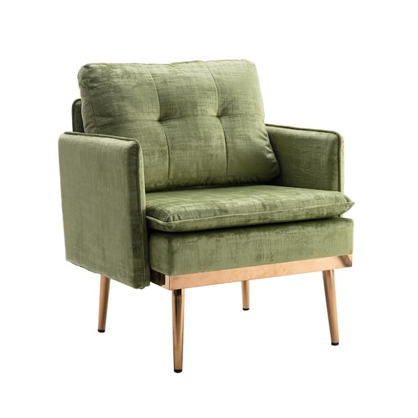 Kahomvis Olive Velvet Upholstered Arm Chair with Tufted Back and Polished Rose Golden Iron Legs (Set of 1)