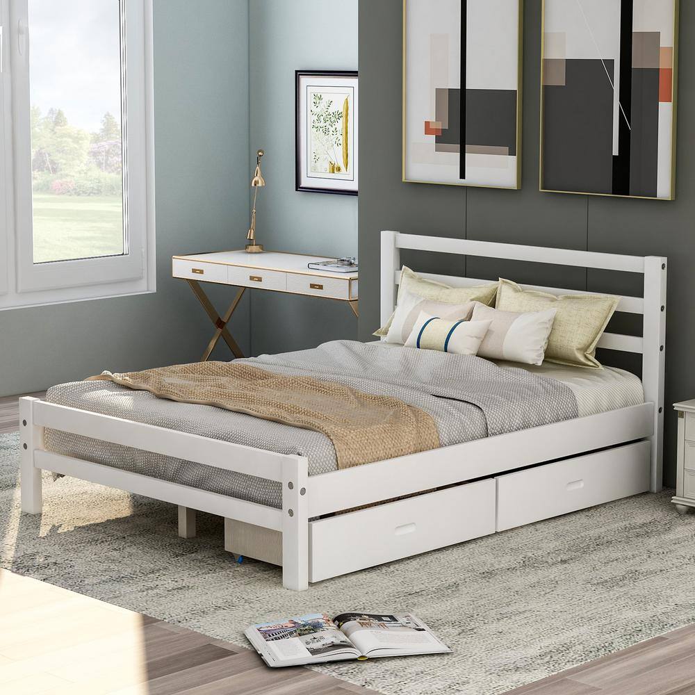 Qualler White Full Size Wood Platform Bed with 2-Drawers BWM192969K ...