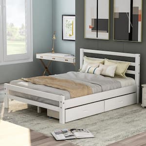 White Full Size Wood Platform Bed with 2-Drawers