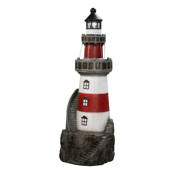 39 in. Outdoor Lighthouse Solar Cascade Fountain with LED Light, Adjustable Flow and Electric Pump in Red and White