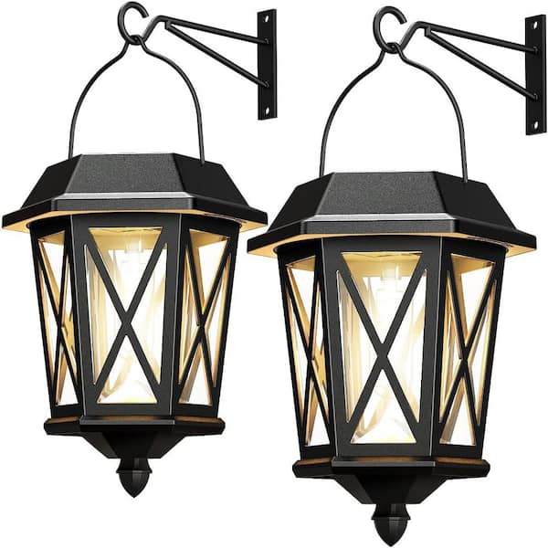 FAWEY TRED INC Black Waterproof Solar Lantern, LED Metal Wall-Mounted Outdoor Light with Glass Shade, 2 Pack