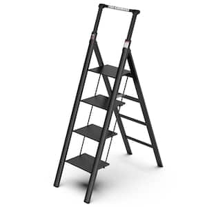 4 Steps Aluminium Stool Ladders, Retractable Handgrip Folding Step Stool with Anti-Slip Wide Pedal, 300lbs