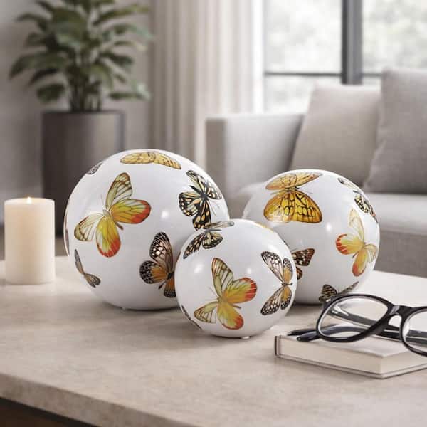 4 in., 5 in. and 6 in. White Ceramic Butterfly Print Decorative Orbs