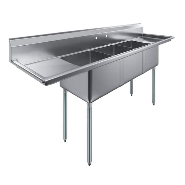 AMGOOD 90 in. x 23.5 in. Stainless Steel 3-Compartment Sink with 18 in. x 18 in. Bowls and Left and Right Drainboards
