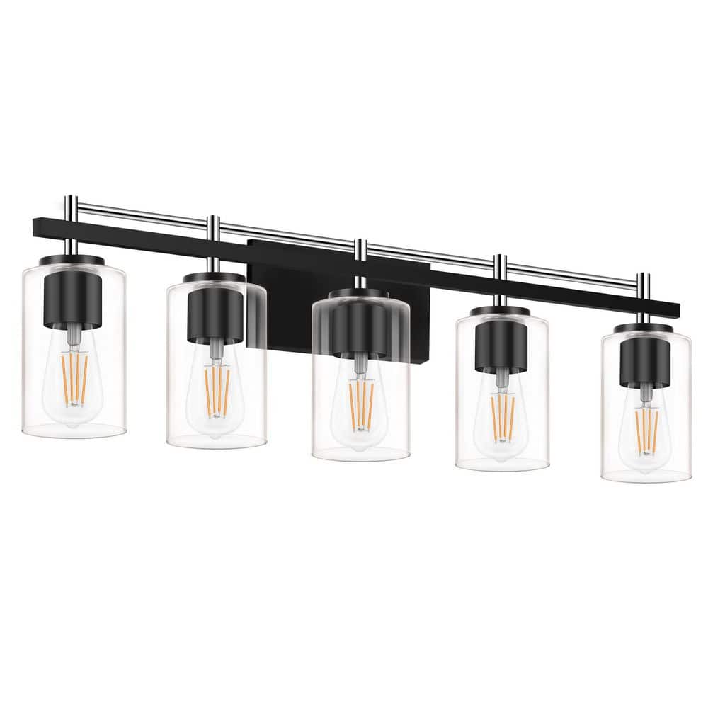 30.72 in. 5-Light Matte Black and Chrome Modern Bathroom Vanity Light with Clear Cylinder Glass Shade price history on PriceWatchPro