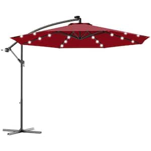 10 ft. Steel Cantilever Solar LED Tilt Patio Umbrella with Cross Base in Burgundy