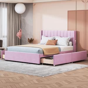 Pink Wood Frame Queen Size Velvet Upholstered Platform Bed with 4 Drawers, Tufted Headboard with Storage Pocket