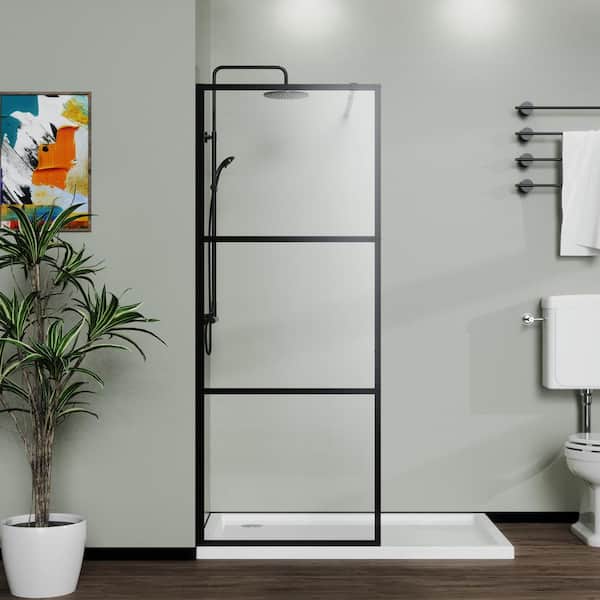 34 in. W x 72 in. H Fixed Framed Shower Door in Black with Clear Glass