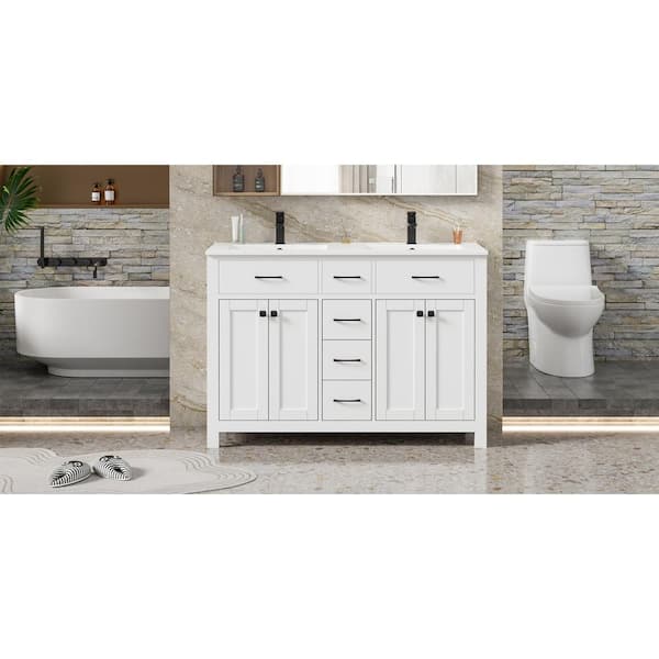 eclife 48 in. W x 18 in. D x 34 in. H Double Sink Freestanding Bath Vanity in White with White Resin SMC Top and Drain Faucet BV098WH+VS052
