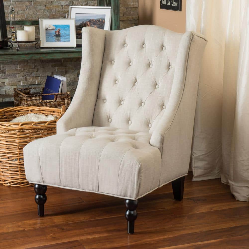 Light Beige High Back Tufted Wood Accent Chair