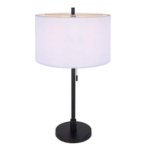 Carmynn 24.25 in. Black Table Lamp with White Ribbed Fabric Shade and Pull Chain Switch