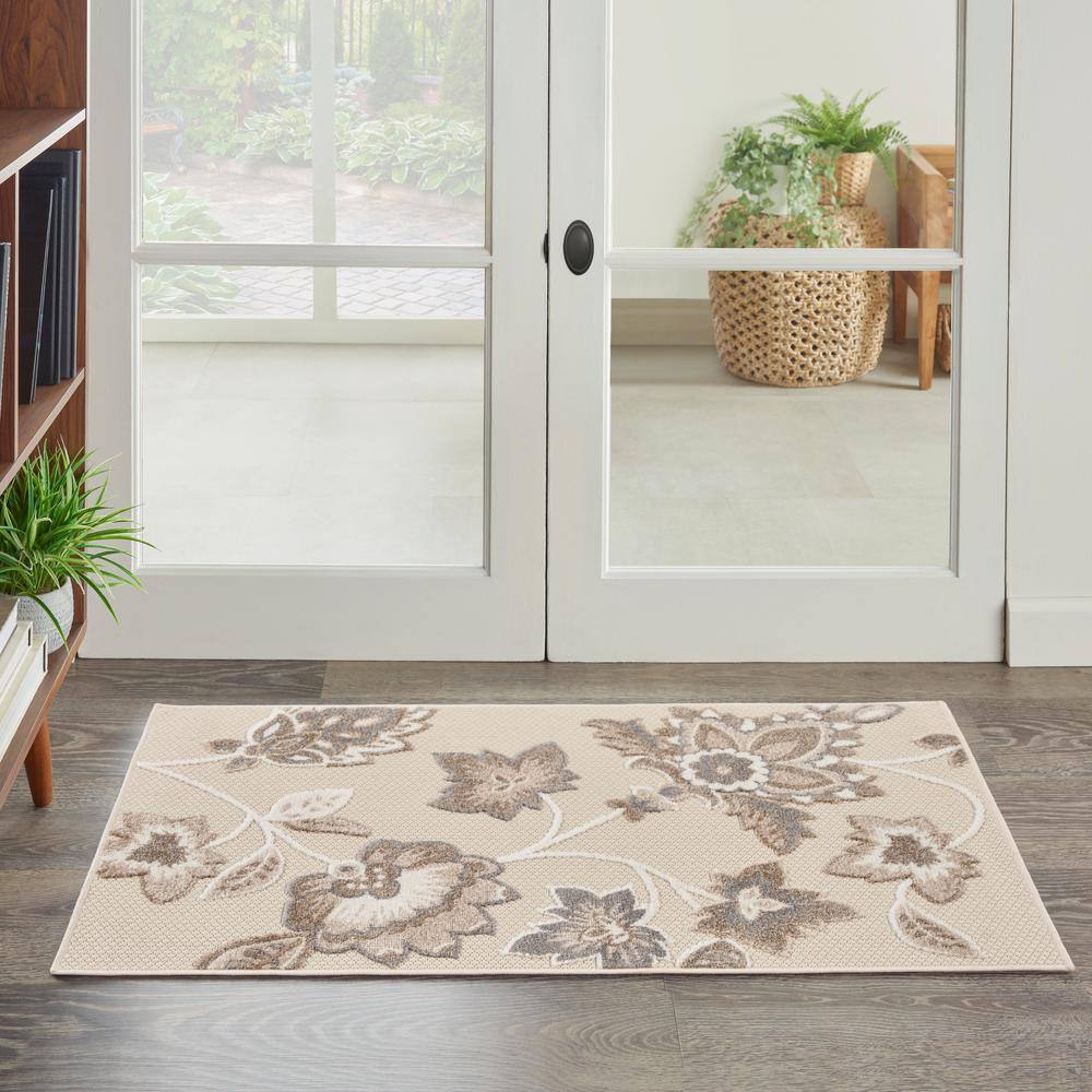 Beige Floral Synthetic Rectangular Rug 2'8" x 4'