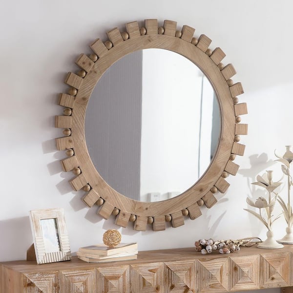 36 in. W x 36 in. H Light Brown Natural Wood Round Framed Art Deco Wall Decorative Mirror with Vintage Gear Bead Accent