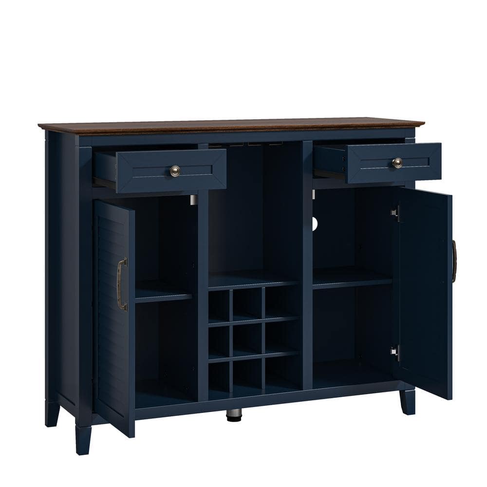 Navy Wood 48" Wine Cabinet with Drawers and Shelves