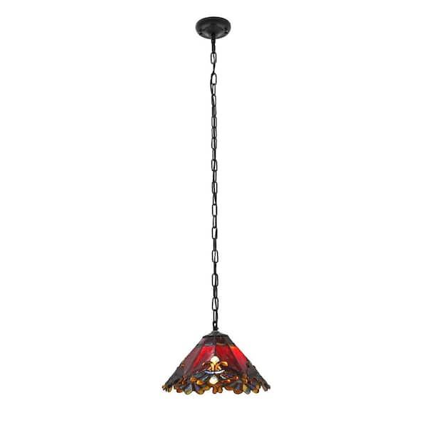 OUKANING 1 Light Multicolored Retro Shaded Pendant Light with Stained Glass Shade and Adjustable Chain, No Bulbs Included