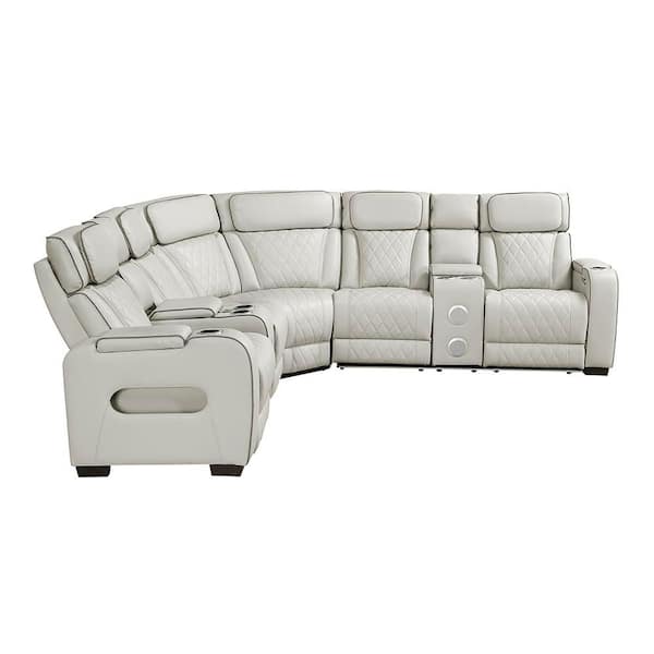 Clumber 118 in. Pillow Top Arm Faux Leather 3-Piece Power Reclining Sectional Sofa with Consoles in. Taupe