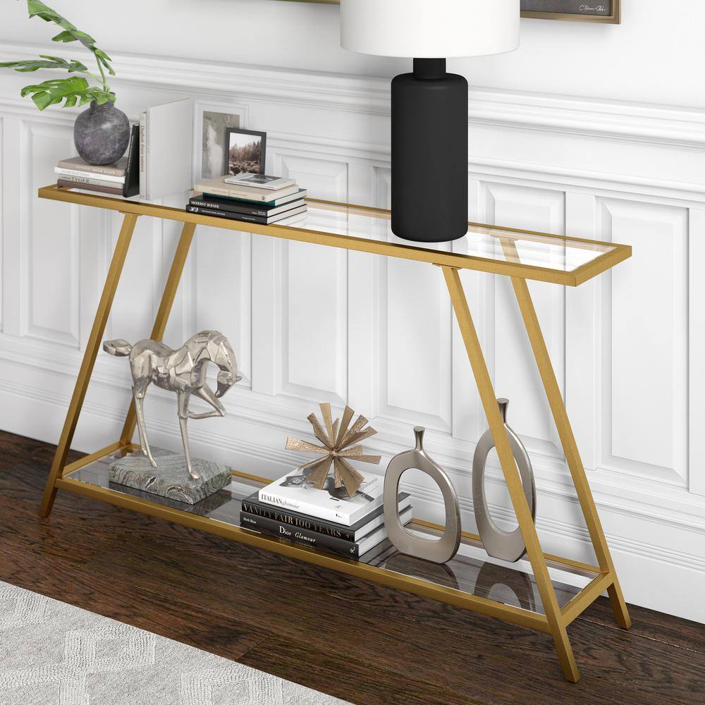 Yair Brass and Glass Rectangular Hallway Table with Storage