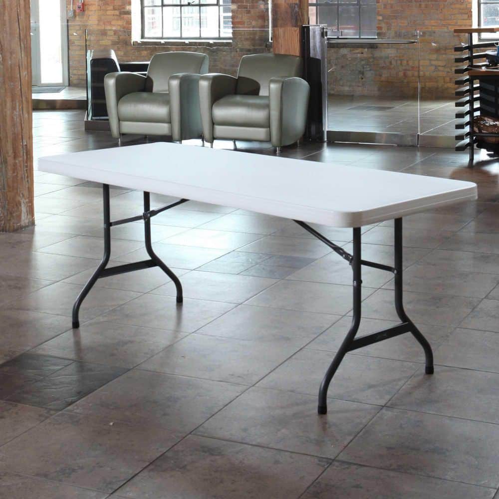 6-Foot White Granite Rectangular Folding Table with Steel Frame