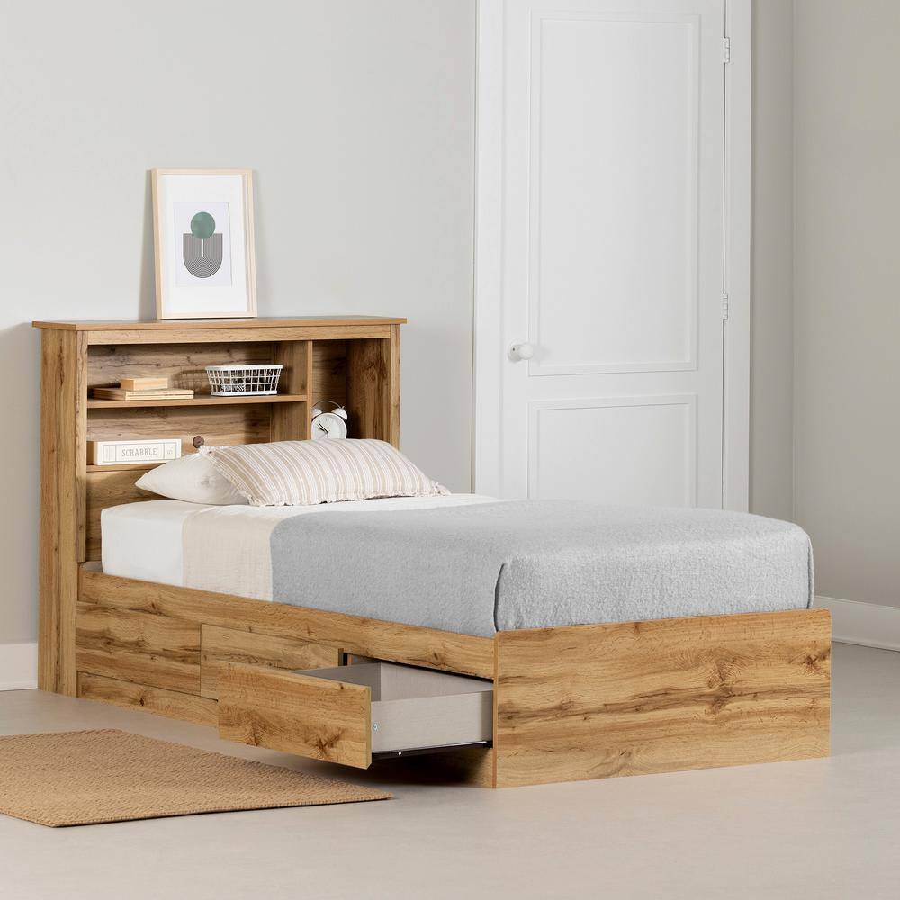 Nordik Oak Twin Bed with Storage and Bookcase Headboard