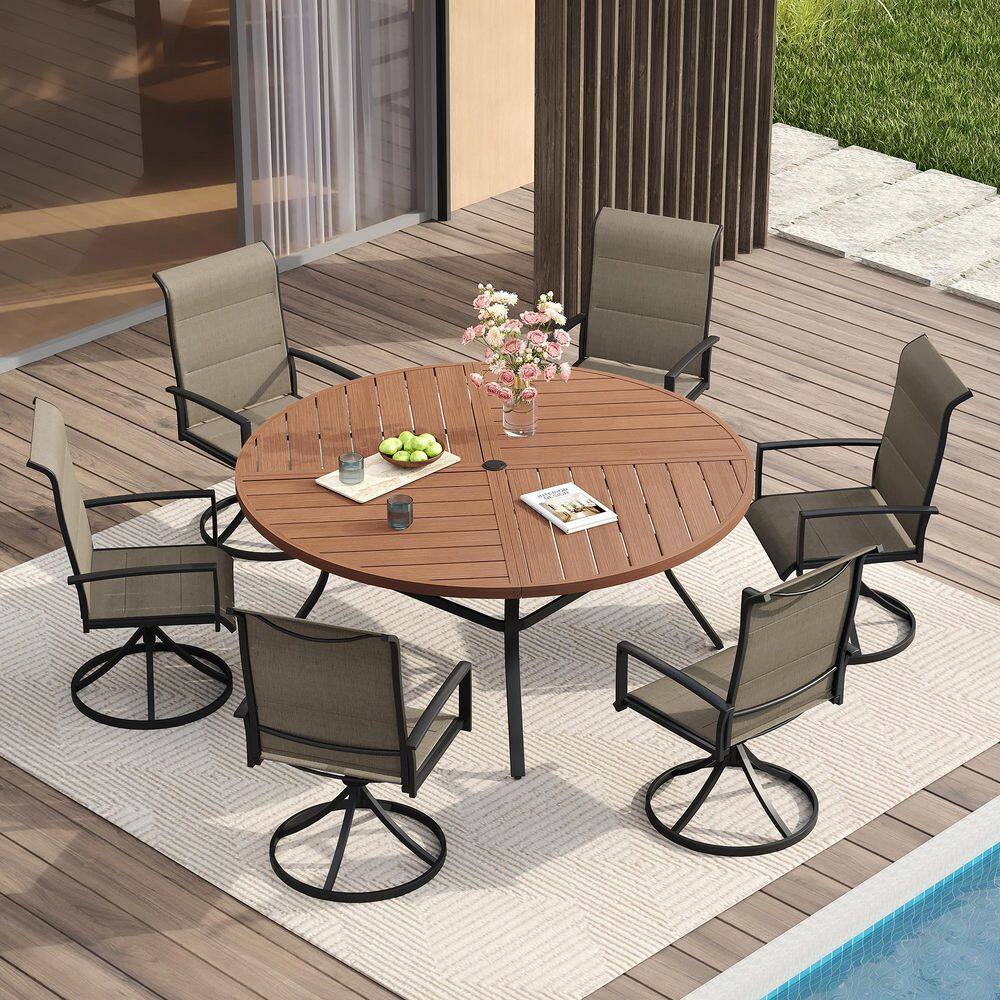 7-Piece Metal Outdoor Dining Set with 53.1 in. Walnut Round Table and 6 Brown Swivel Dining Chairs for 6 Person