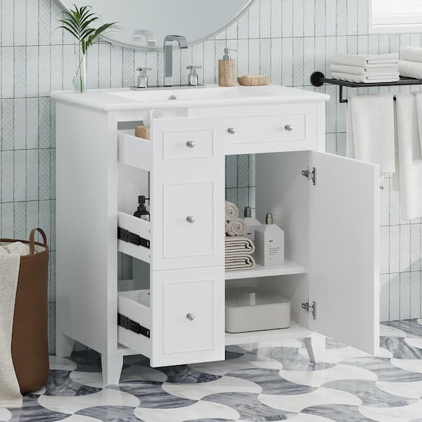 Tenleaf 30 in. W Single Sinks Freestanding Bath Vanity in White with White Ceramic Top and Double-Layer Drawer