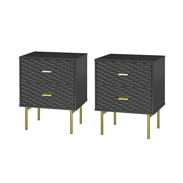 JAYDEN CREATION Vincenzo Modern Black 19.7 in. W x 15.7 in. D x 25.2 in. H Tall 2-Drawer Nightstand with Metal Legs Set of 2