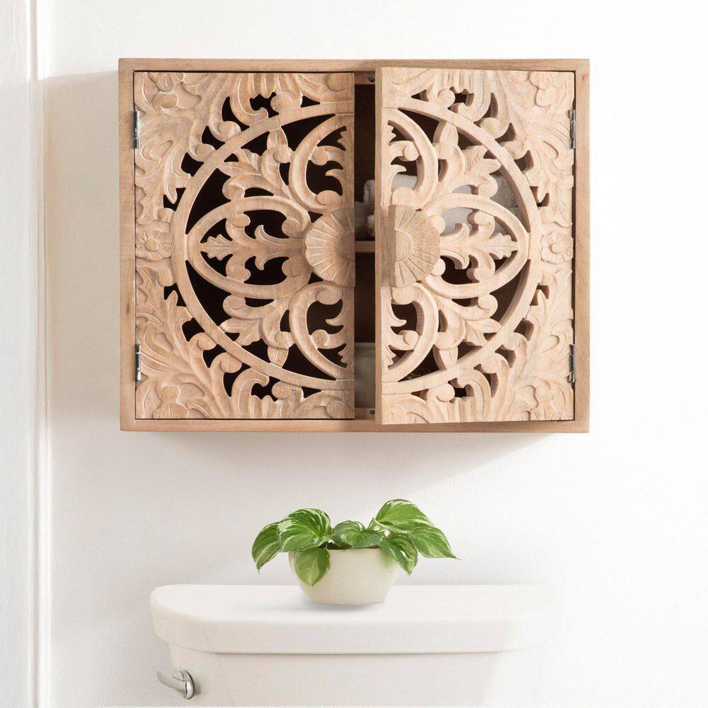 Saanvi Light Natural Mango Wood Carved Wall Cabinet, 20" x 6" x 20"