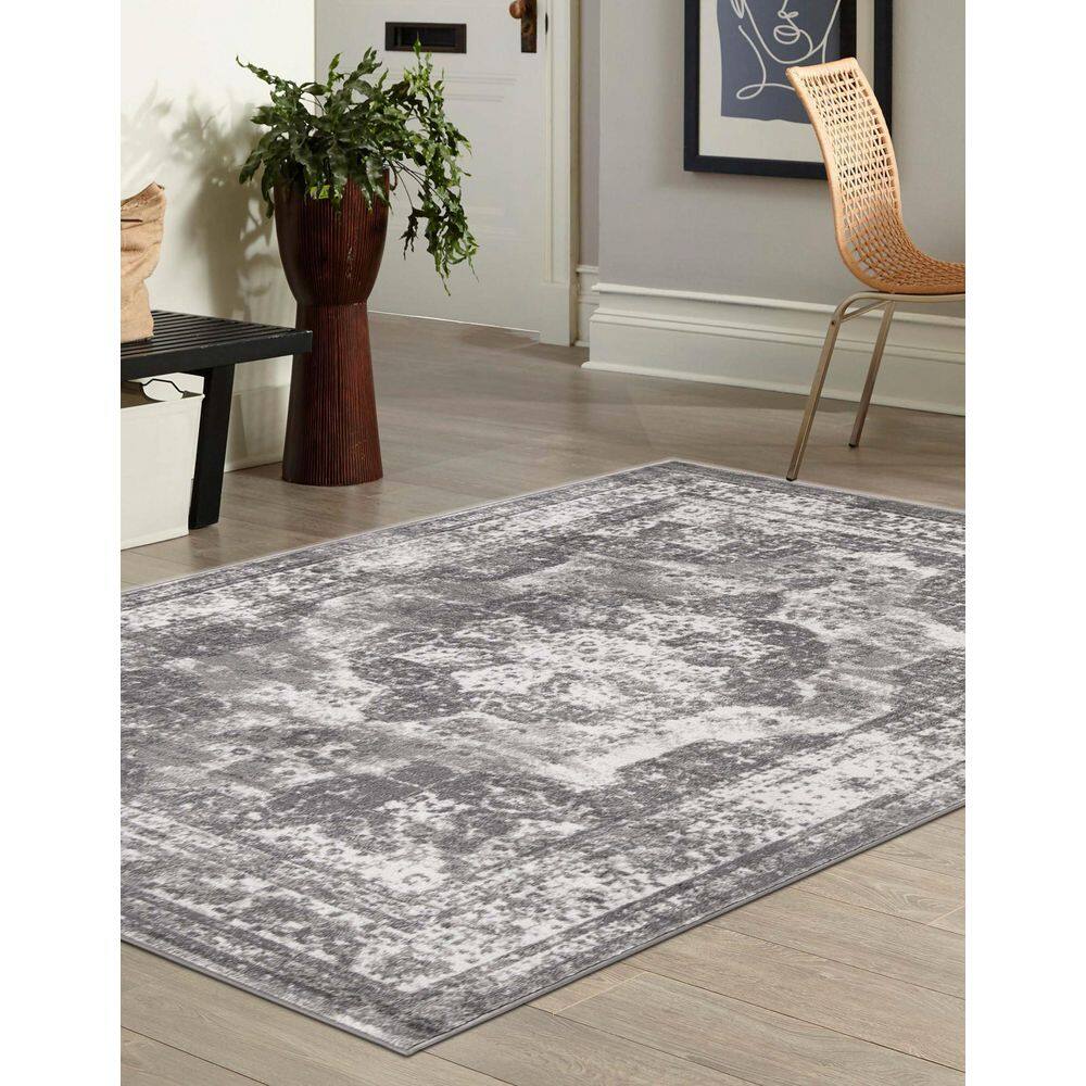 Reversible Easy-Care Gray Synthetic Rectangular Rug
