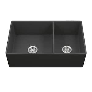Black Fireclay 33 in. Double Bowl 60/40 Farmhouse Apron Front Kitchen Sink