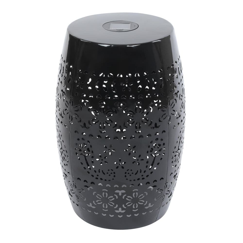 Black Round Metal Outdoor Solar Side Table with Built-in Solar Battery ...