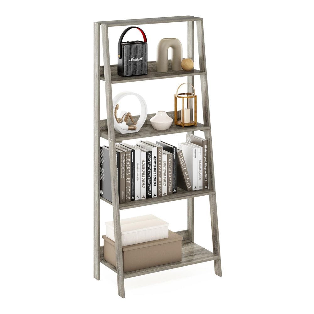 LADDER 53.54 in. Tall Grey Oak Wood 5-Shelf Ladder Bookcase