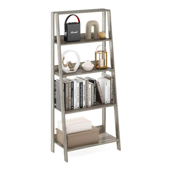 LADDER 53.54 in. Tall Grey Oak Wood 5-Shelf Ladder Bookcase