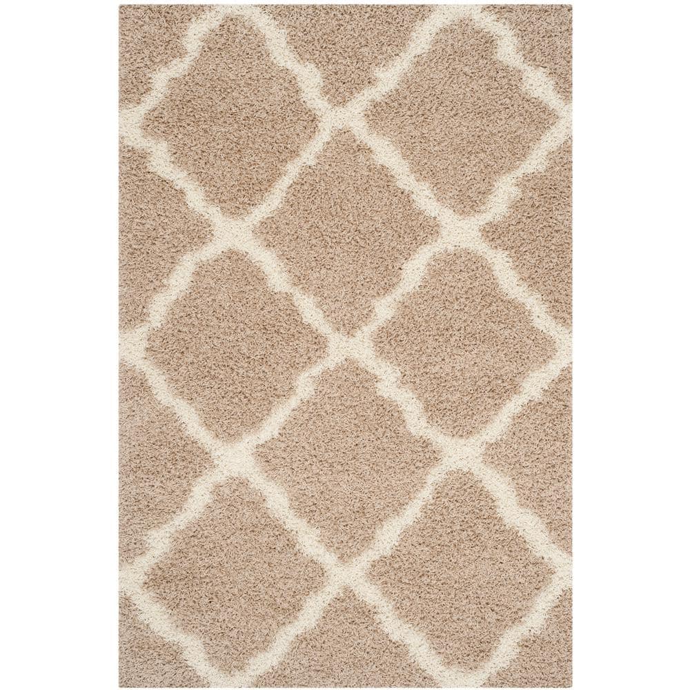 Beige and Ivory Geometric Shag Area Rug, 6' x 9'