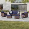 Sonkuki 5-Piece Patio Conversation Set Brown Wicker with Swivel Rocking Chair and Navy Blue Thickening Cushions R-S1-2RBNY