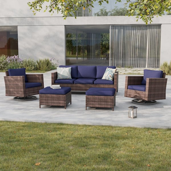 5-Piece Patio Conversation Set Brown Wicker with Swivel Rocking Chair and Navy Blue Thickening Cushions