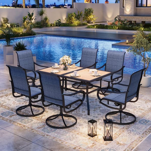 Black 7-Piece Metal Outdoor Dining Set with Wood-Look Patio Table and Swivel Padded Blue Textilene Outdoor Dining Chair
