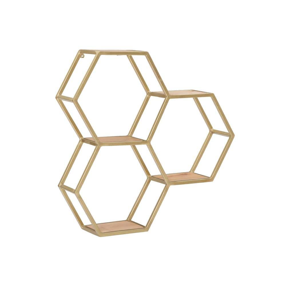 Hand-Crafted outlets Matte Gold Finish Hexagon Metal and Wood Wall Shelf