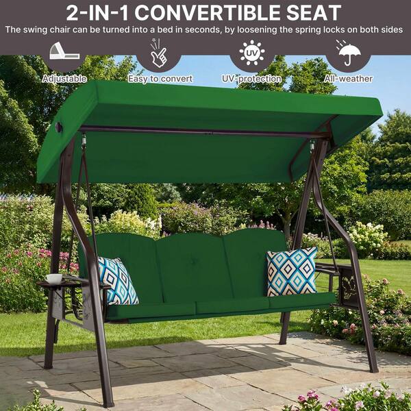 Tenleaf 3-Person Metal Patio Swing with Green Cushion, 2 in 1