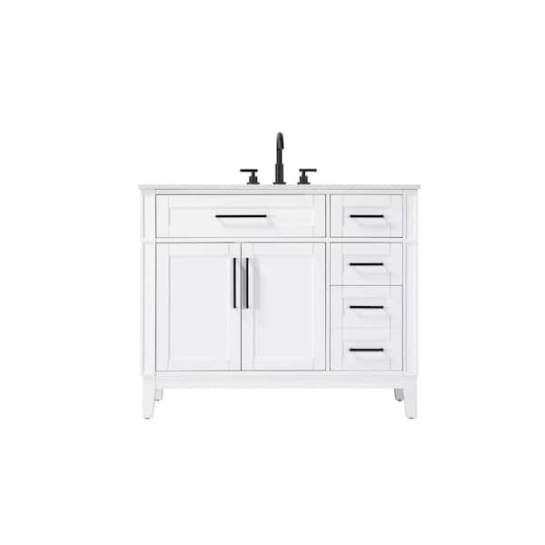 42 in. Single Sink Freestanding White Bath Vanity with Marble White Engineered Marble Top