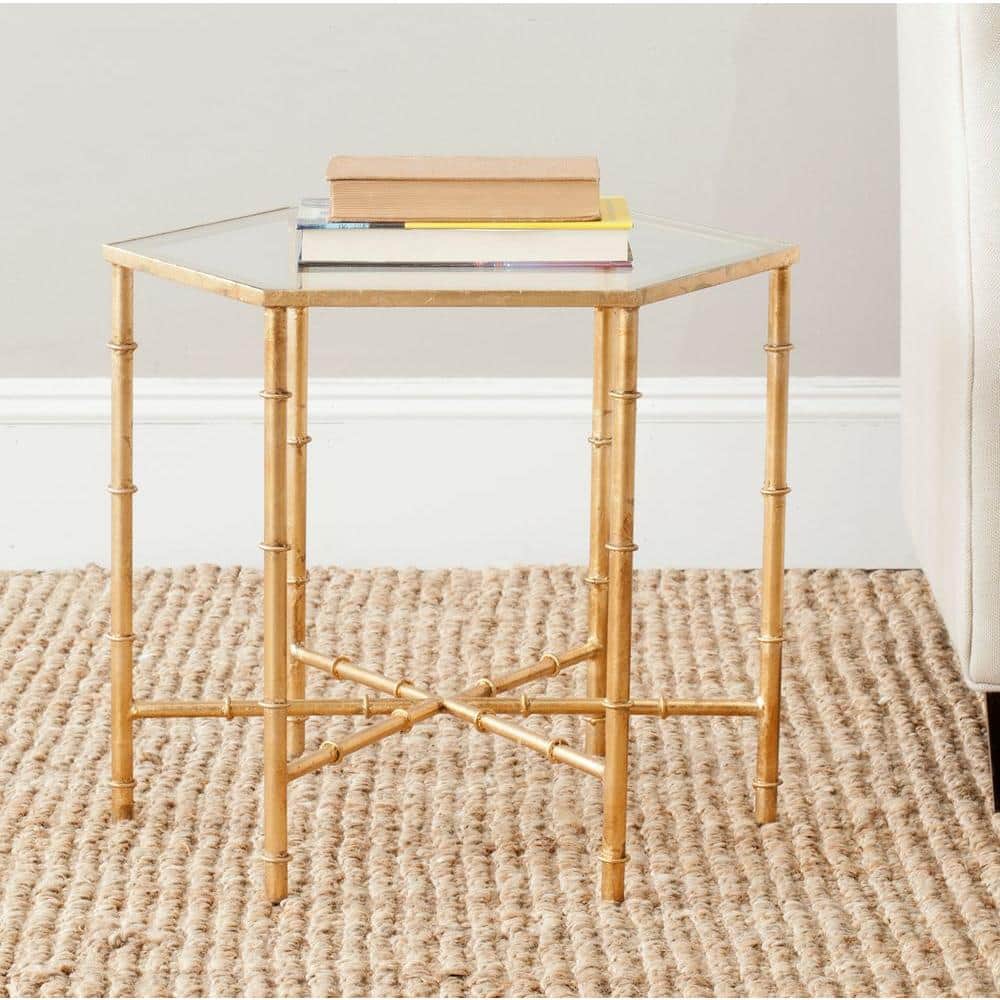Gold Faux Bamboo Metal and Glass Accent Table