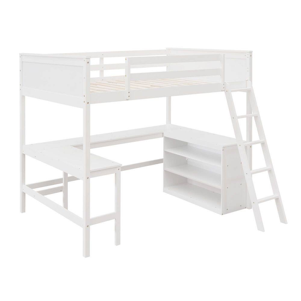 Qualler White Full size Loft Bed With Shelves and Desk - 2