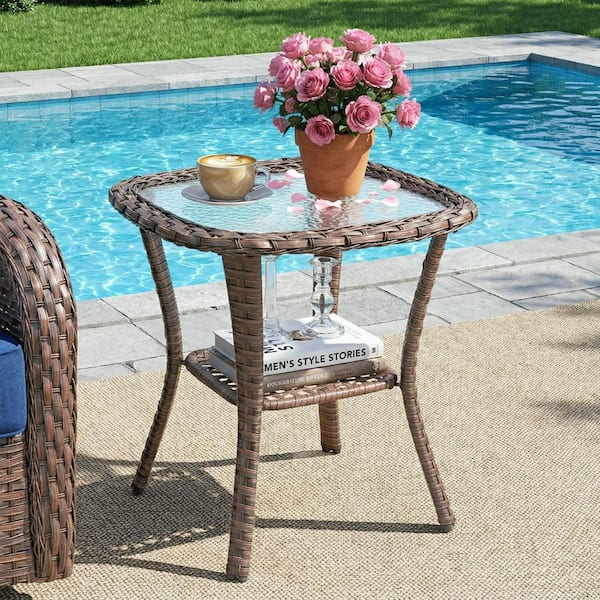Arcline Brown Square Wicker Outdoor Side Table with Tempered Glass Top Patio Rattan Coffee Table for Garden