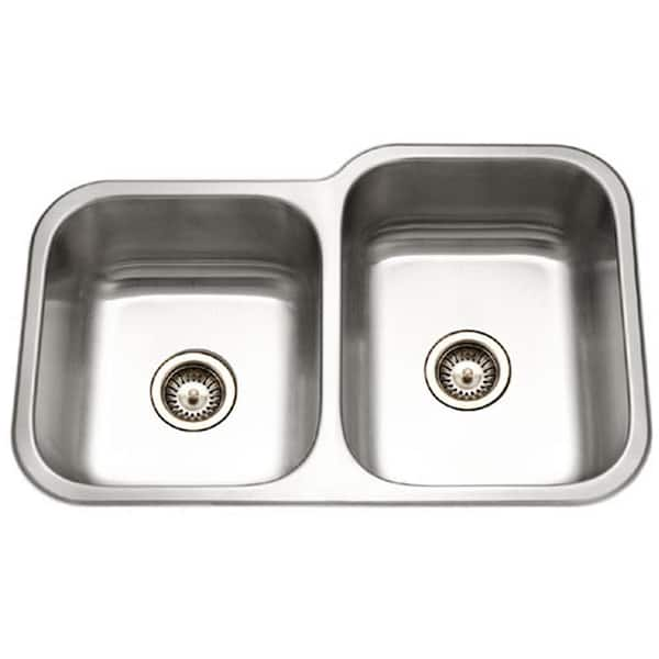 HOUZER Houzer Elite 32 in. Stainless Steel Undermount 60/40 Double Small Right Bowl Kitchen Sink with Strainer - EC-3208SR-1