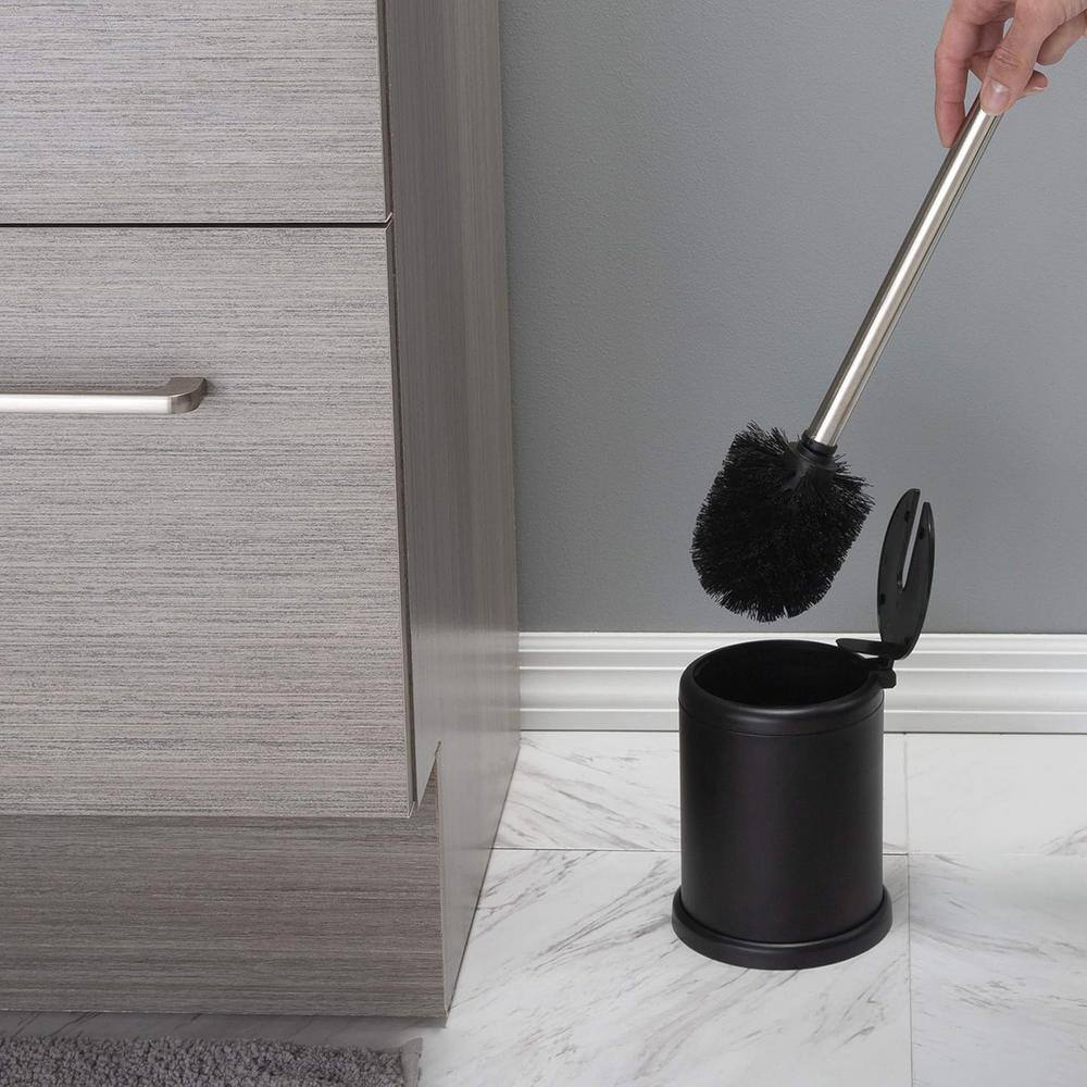 Compact Black and Stainless Steel Toilet Brush Set with Folding Lid