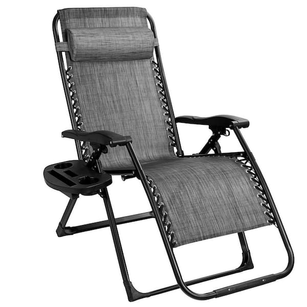 Unbranded Gray Metal Adjustable Outdoor Recliner Patio Folding Lounge Chair with Cup Holder