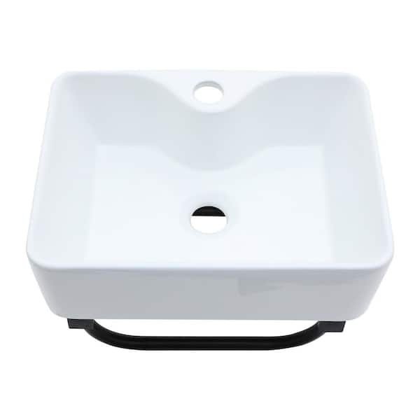 Sarlai 16 x 12 x 5 in. Wall-mount Ceramic Bathroom Wash Basin in White with Towel Bar in Black