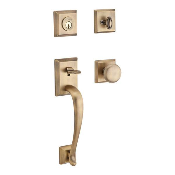 Baldwin Napa Single Cylinder Matte Brass and Black Traditional Square Door Handleset with Round Knob and Traditional Square Rose
