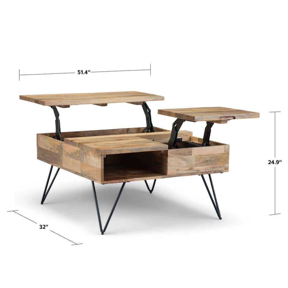 Natural Mango Wood Square Lift-Top Coffee Table with Storage