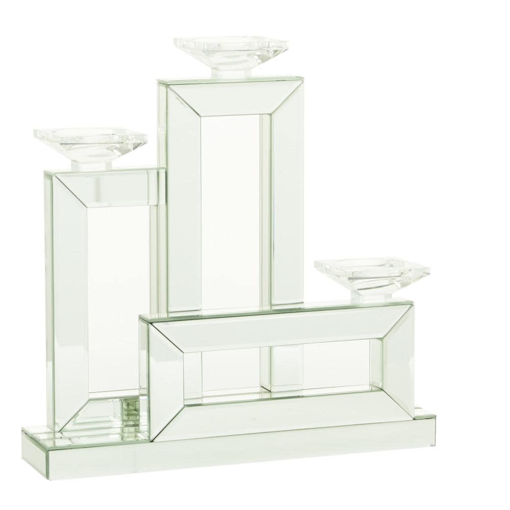 Silver Mirrored Wood 3-Holder Candelabra